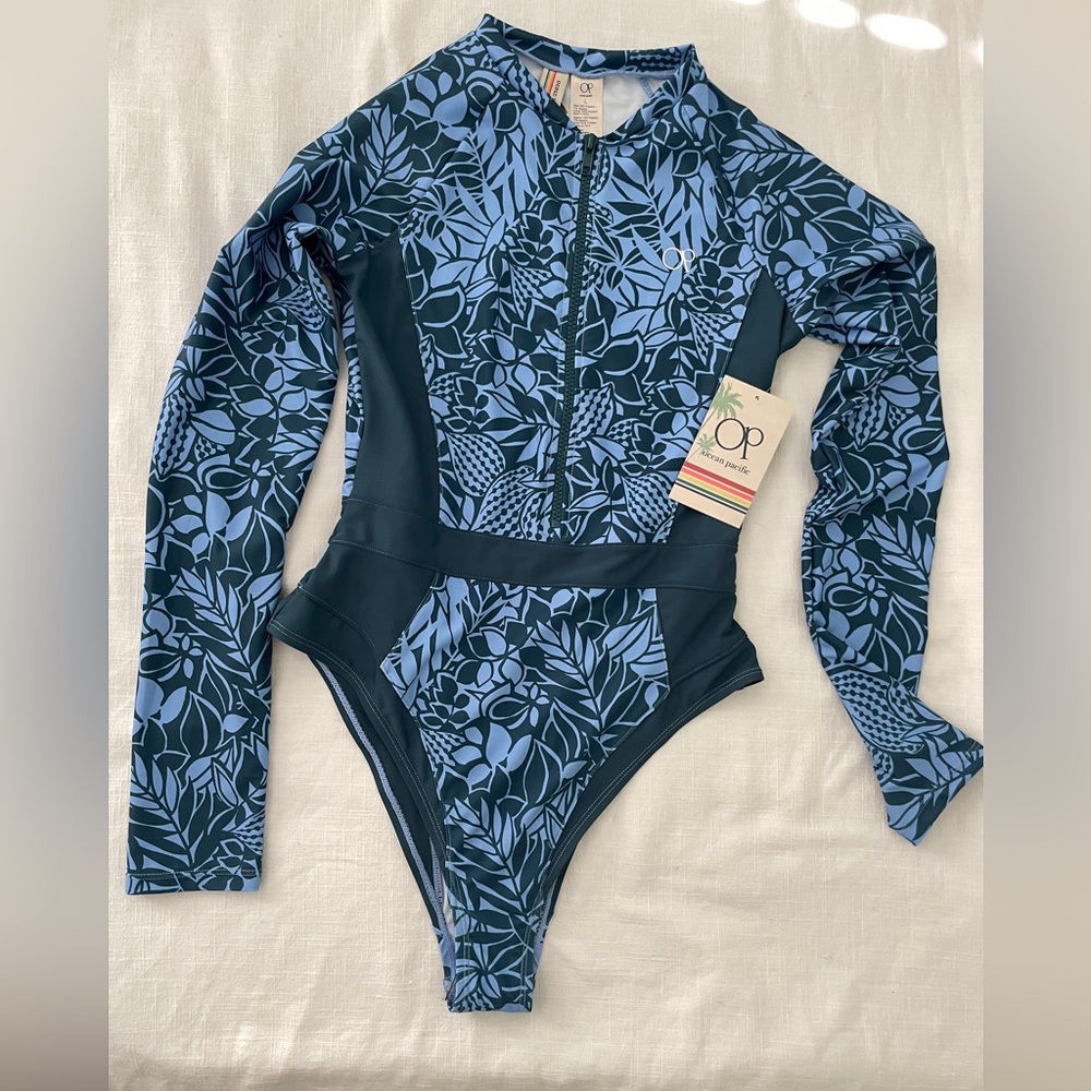 NWT! OP floral size large one piece zip front swim suit. Blues and green $84